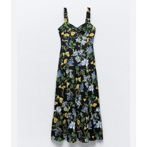 ZARA NWT WOMAN SS24 BLACK/YELLOW FLORAL PRINT MIDI DRESS Large $80 Ref 2157 052 - Picture 5 of 15